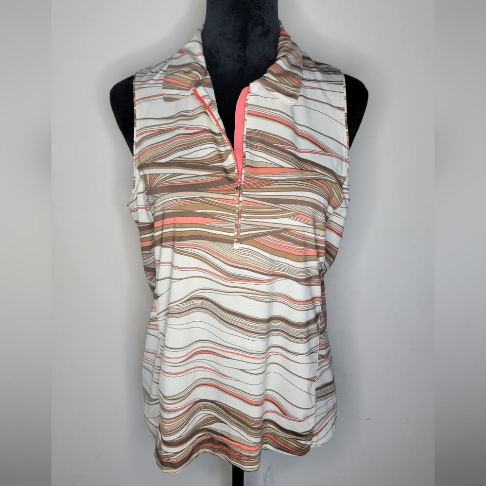 Sport Haley Women's 70's Sleeveless Stripes 3/4 Zipper Golf Polo Shirt Top L 2